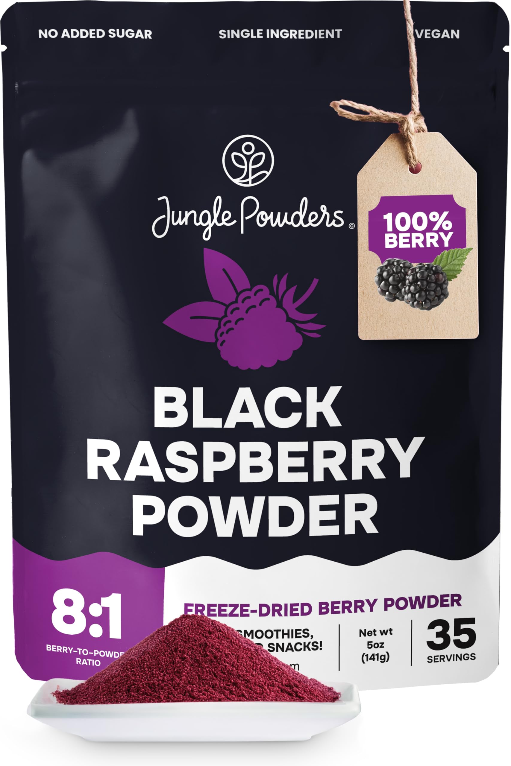 Jungle Powders empaque frontal de Black Raspberry, claridad del producto y frescura