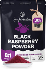 Jungle Powders empaque frontal de Black Raspberry, claridad del producto y frescura