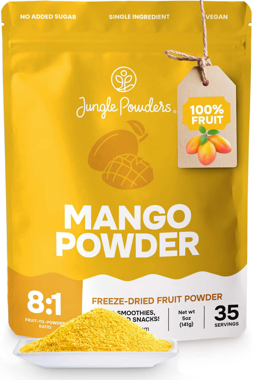 Jungle Powders frente del paquete mostrando marca y peso, práctico y compacto