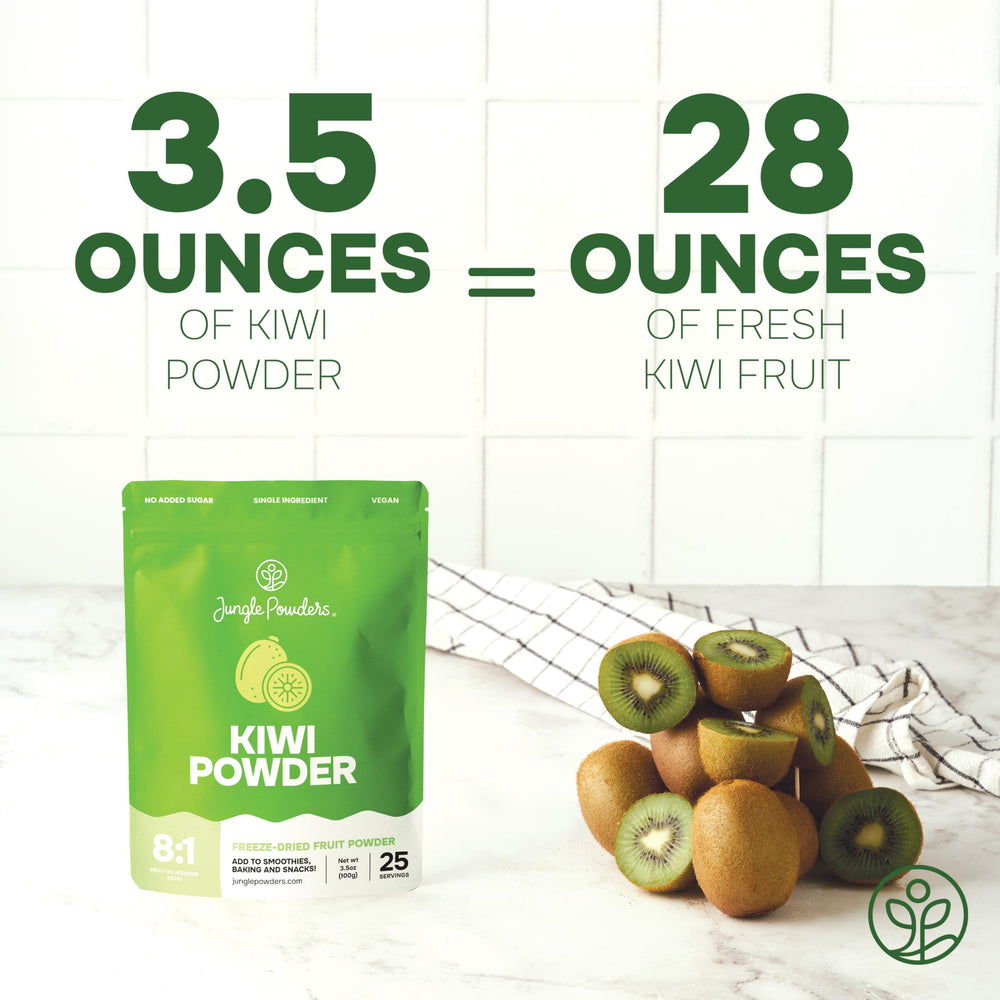 Jungle Powders cucharada de polvo de kiwi en mano, dosificación fácil