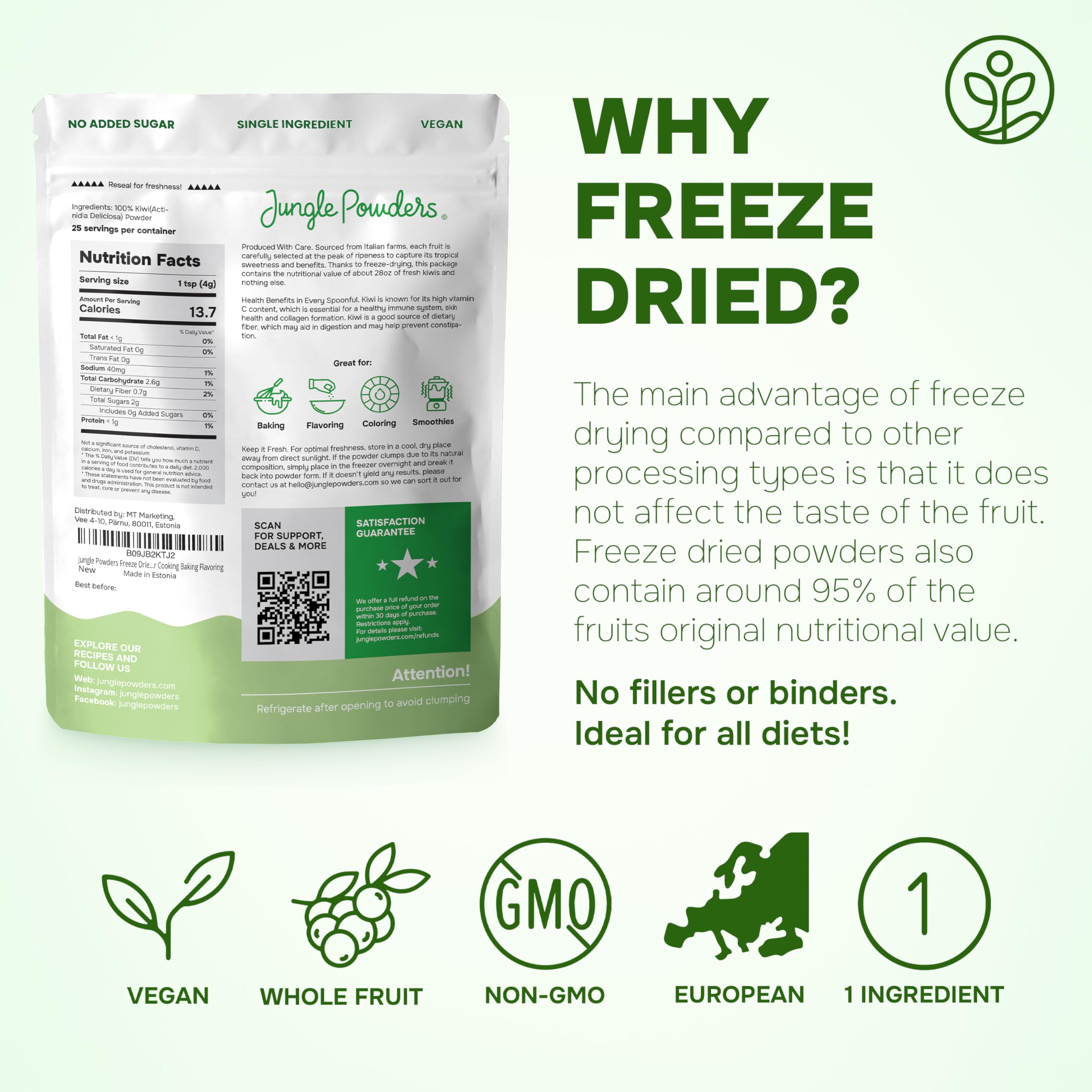 Jungle Powders comparación de porción y balanza, equivalencia fruta fresca