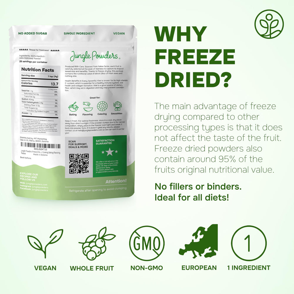 Jungle Powders comparación de porción y balanza, equivalencia fruta fresca
