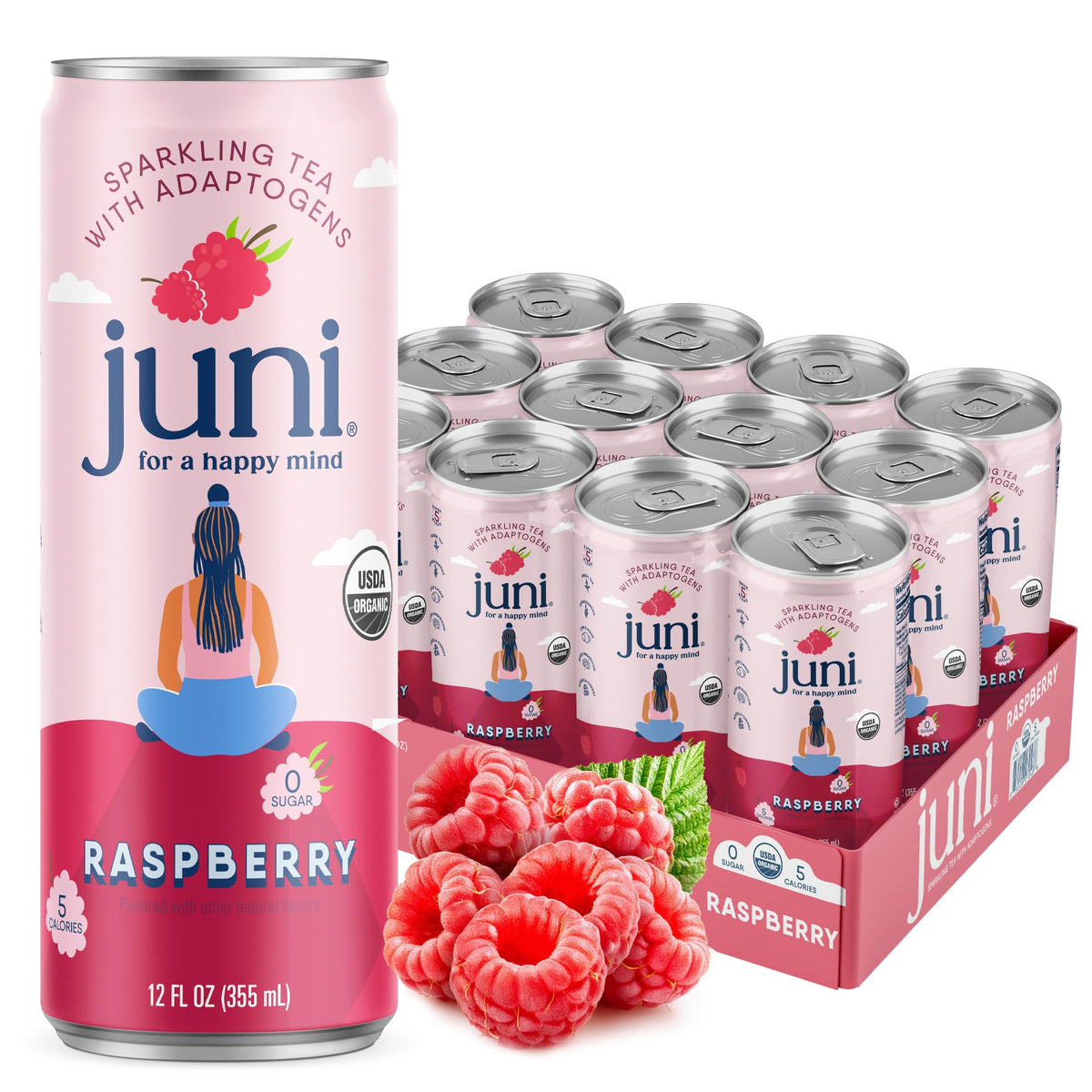JUNI lata frambuesa al frente muestra diseño y sabor refrescante