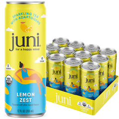 Juni lata frontal pack 12 mostrando diseño y beneficio refrescante