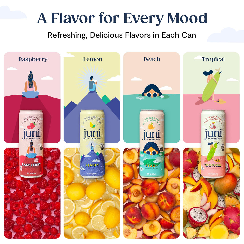 Juni limón y acerola junto a lata ilustrando sabor cítrico natural