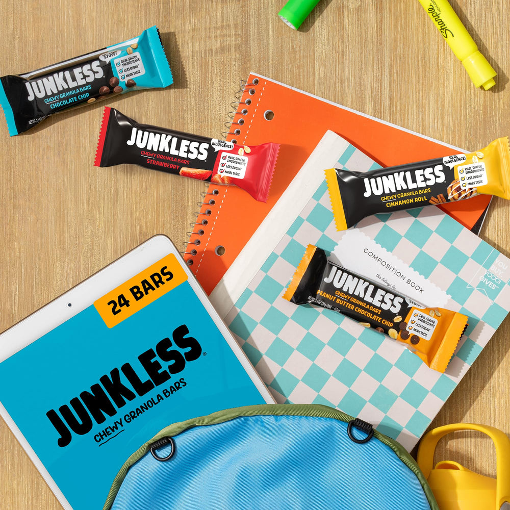 Junkless etiqueta con sellos Non‑GMO y OU‑D Kosher visibles