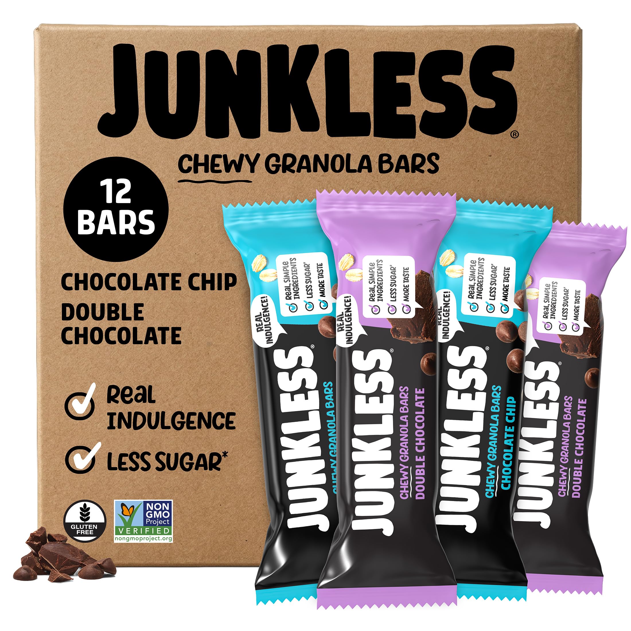 Junkless frente del empaque mostrando el paquete mixto de 12 barras y beneficios