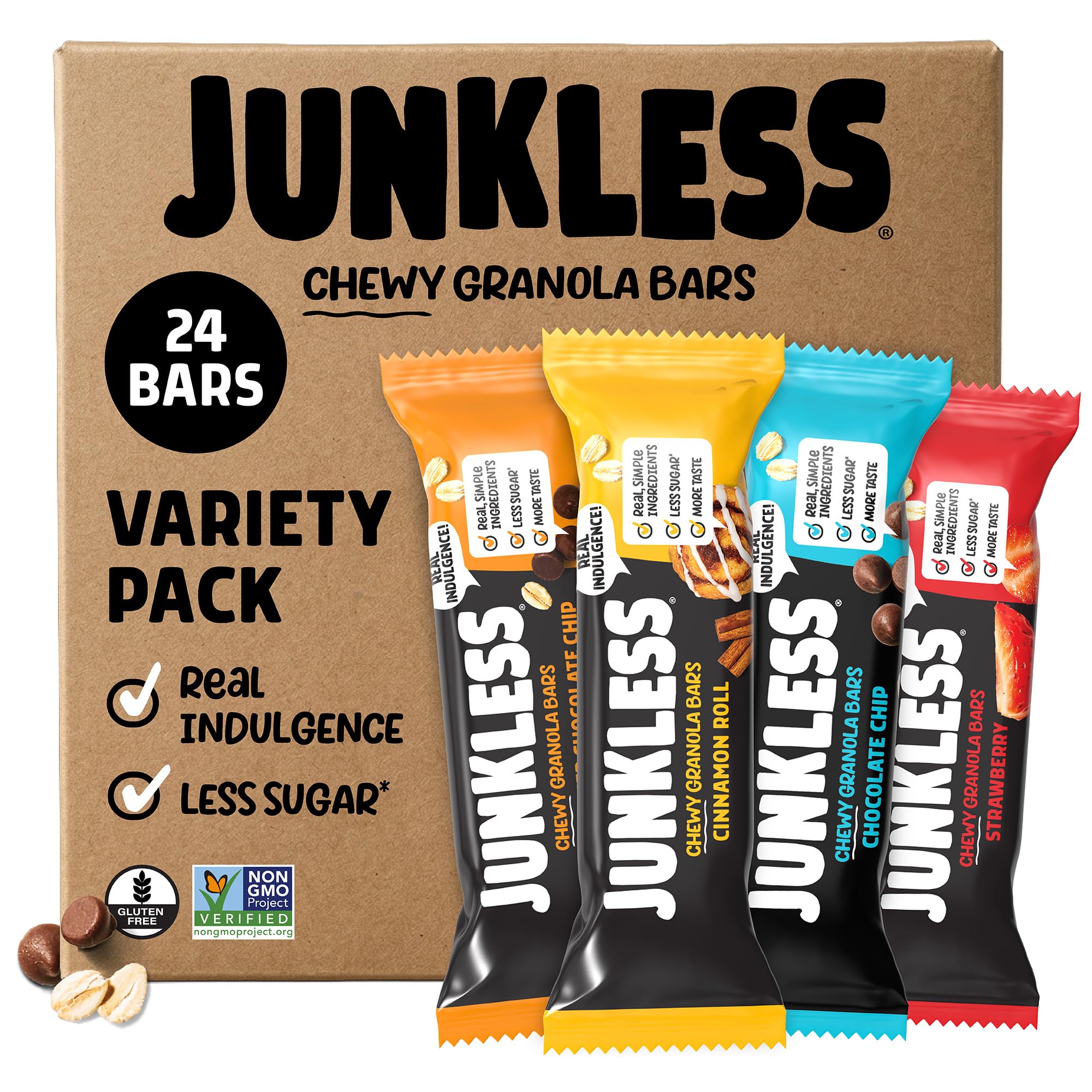 Junkless empaque frontal mostrando las 24 barras y beneficios claros