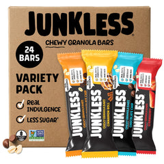 Junkless empaque frontal mostrando las 24 barras y beneficios claros