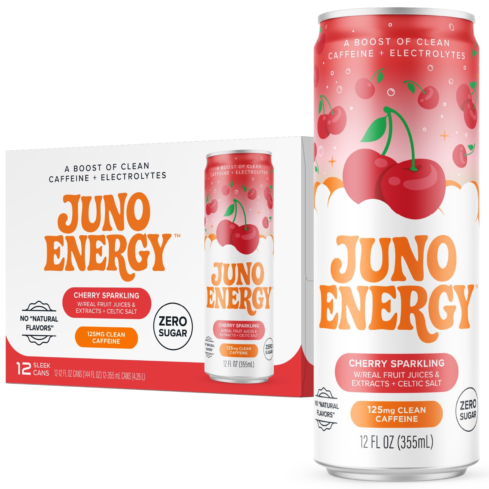 JUNO ENERGY lata frontal color cereza mostrando marca y beneficio energético