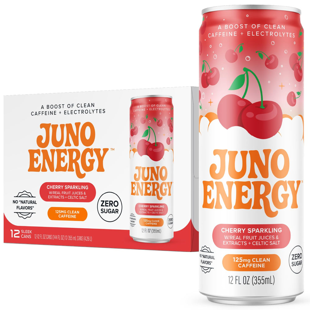 JUNO ENERGY lata frontal color cereza mostrando marca y beneficio energético
