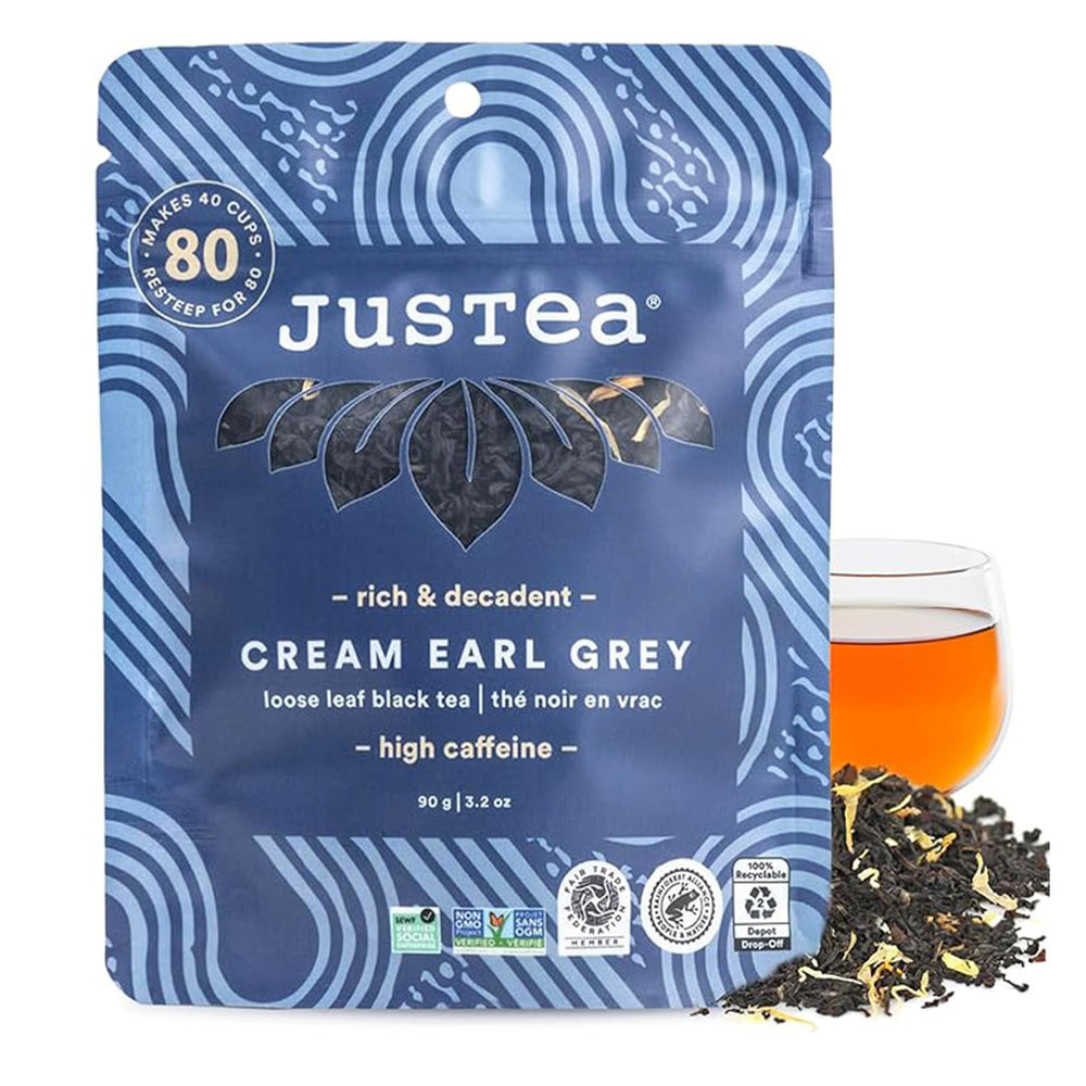 JusTea bolsa frente mostrando marca y rendimiento claro