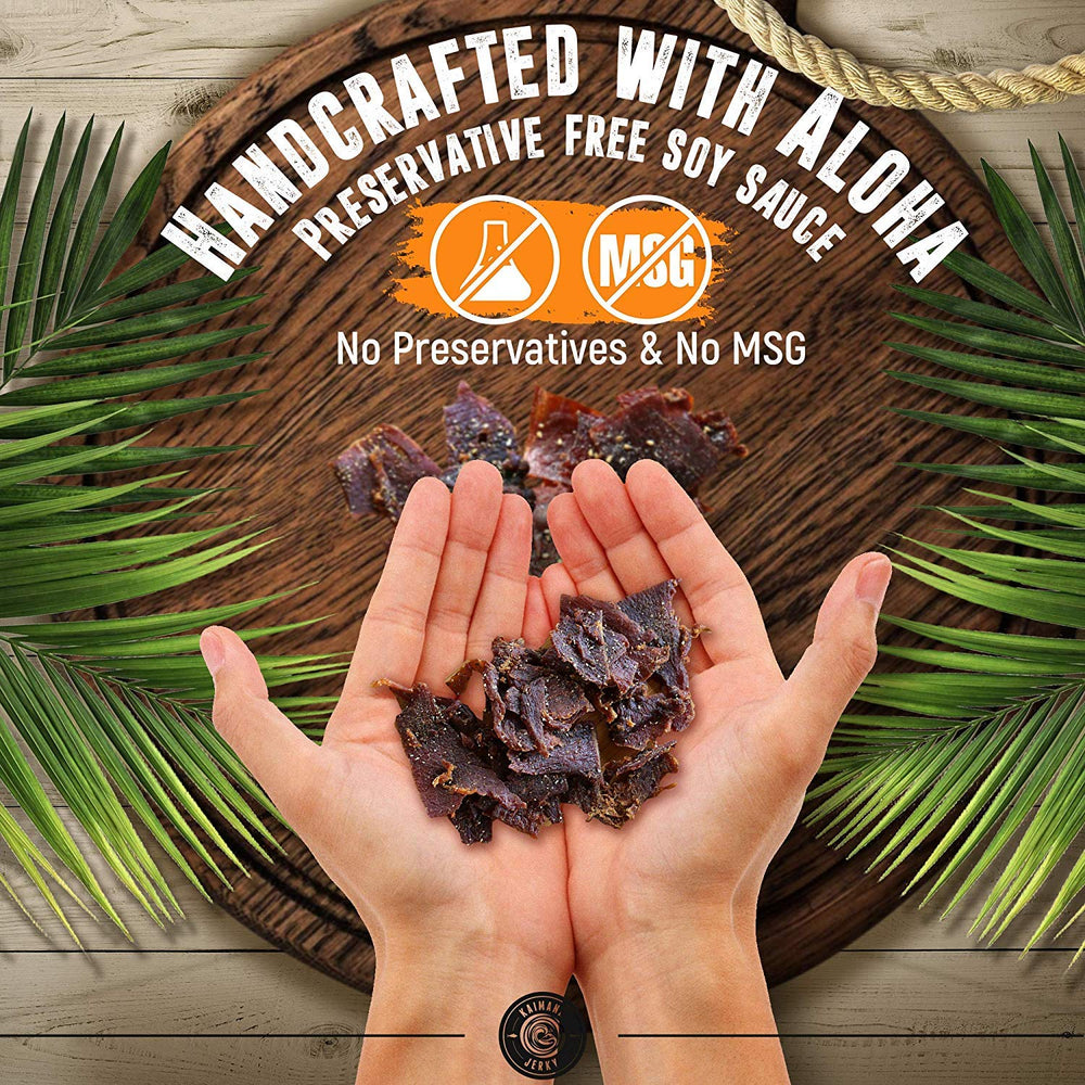 Kaimana Jerky varios sobres sobre mesa destacando variedad de sabores