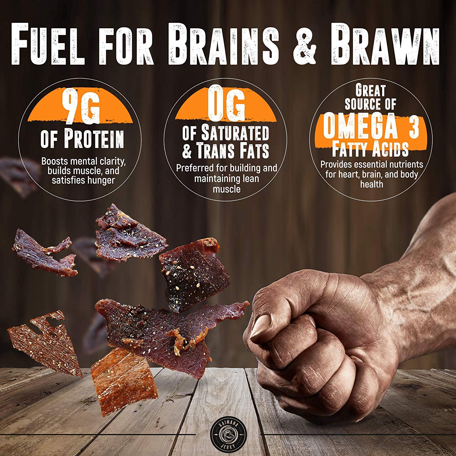 Kaimana Jerky etiqueta indicando origen Hawaii y pesca sostenible