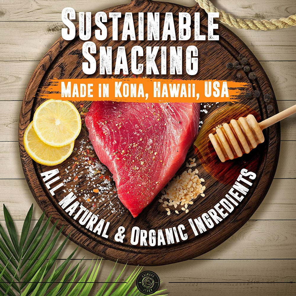 Kaimana Jerky bolsa en mano para ver tamaño y portabilidad