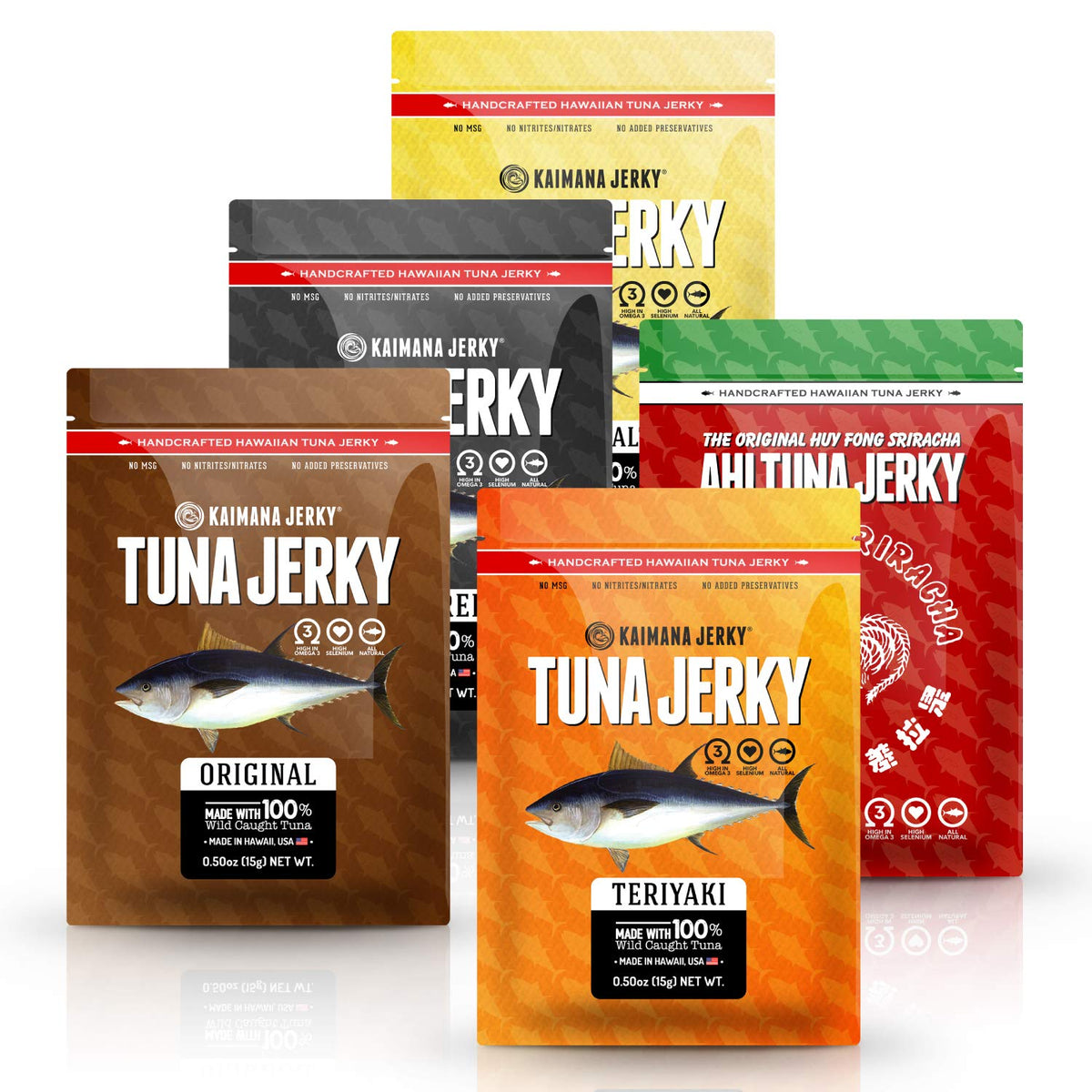 Kaimana Jerky paquete frontal mostrando cinco sabores y conveniencia