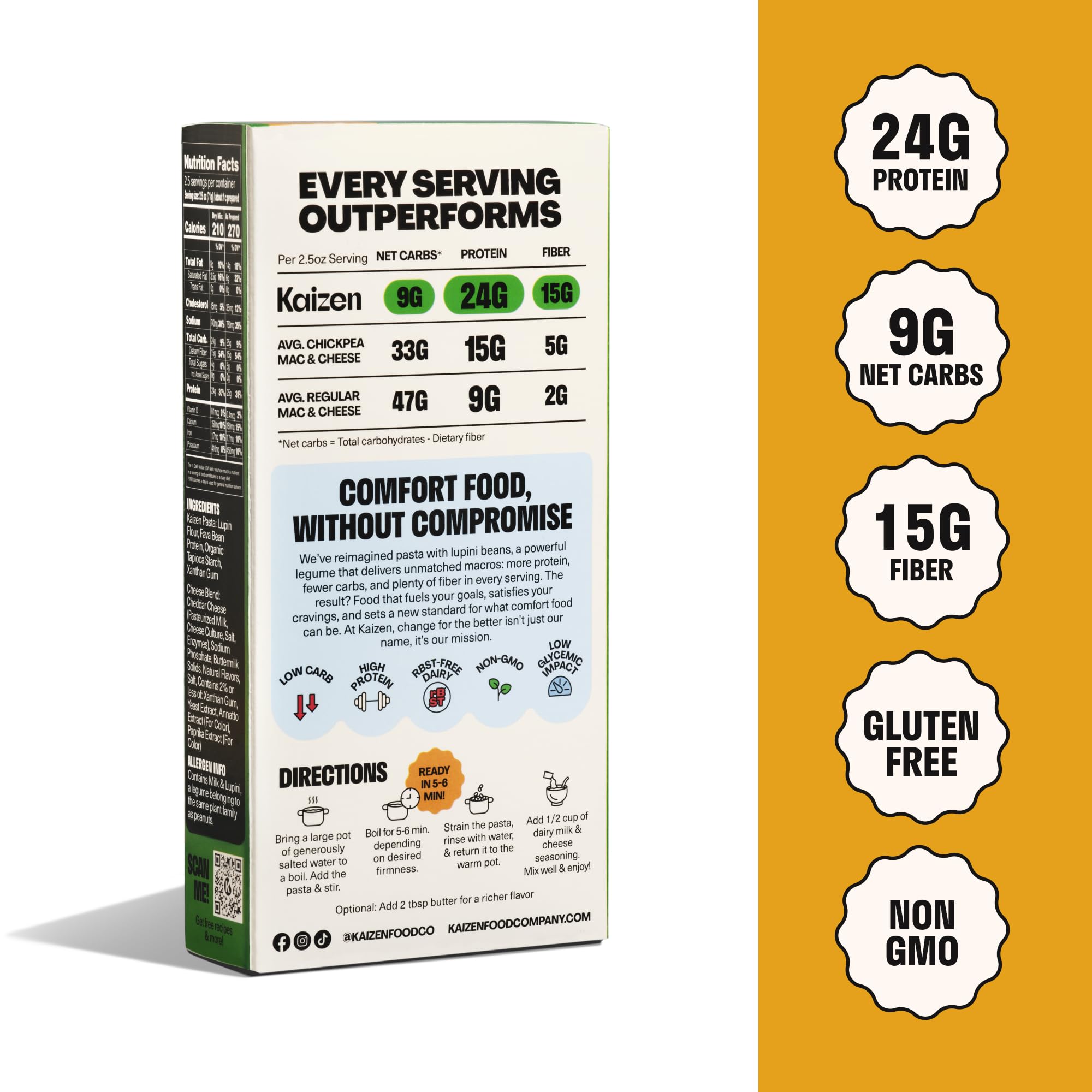 Kaizen detalle de etiqueta nutricional resaltando 24 g proteína y 9 g netos carbohidratos