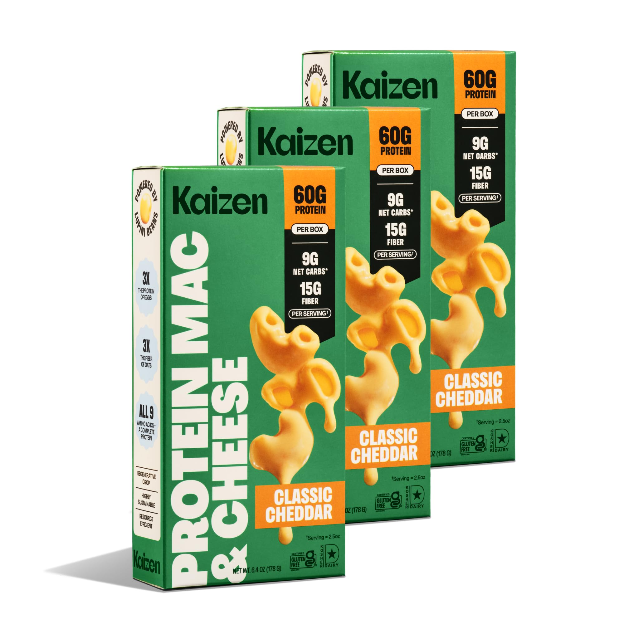 Kaizen empaque frontal del mac & cheese clásico cheddar mostrando diseño y beneficios