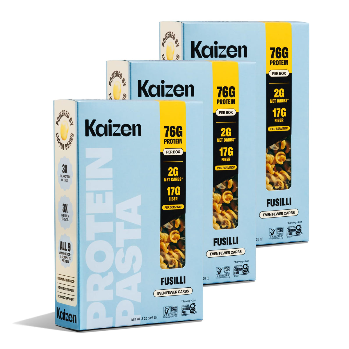 Kaizen fusilli frente del empaque, muestra beneficios bajos en carbohidratos