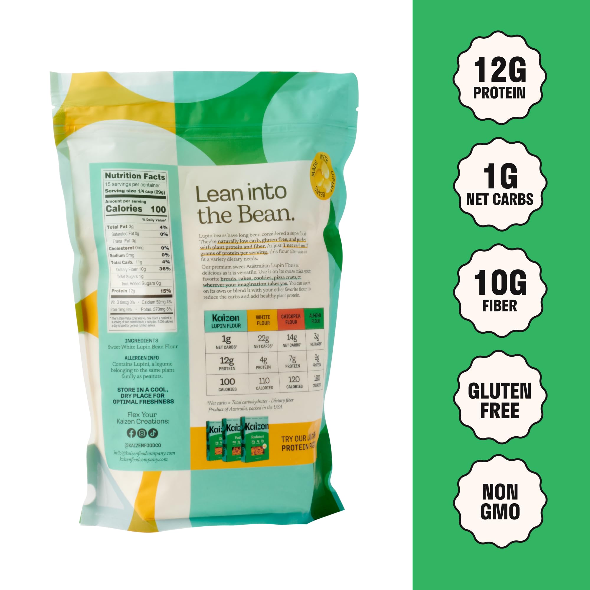 Kaizen galletas horneadas con harina de lupino, alto contenido proteico visible