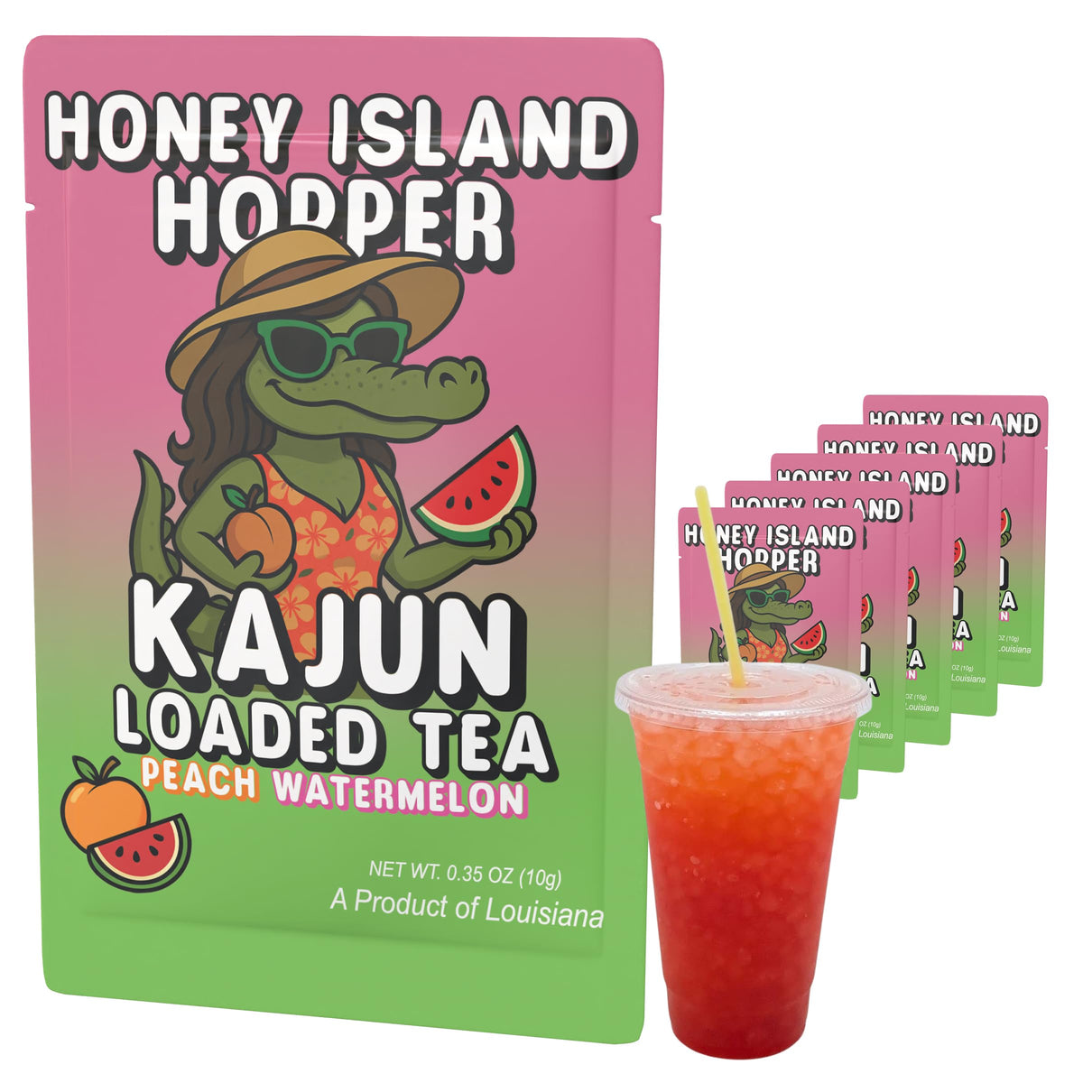 KaJun LOADED TEA frontal del empaque mostrando sabor melocotón sandía y beneficios