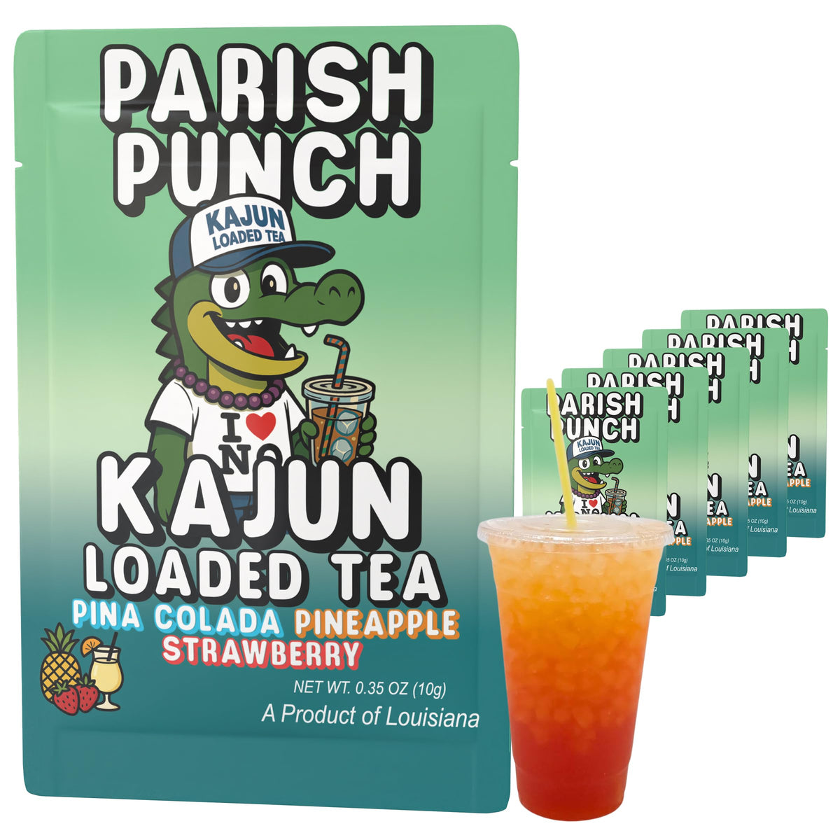 KaJun LOADED TEA sobre Parish Punch al frente muestra diseño y conveniencia