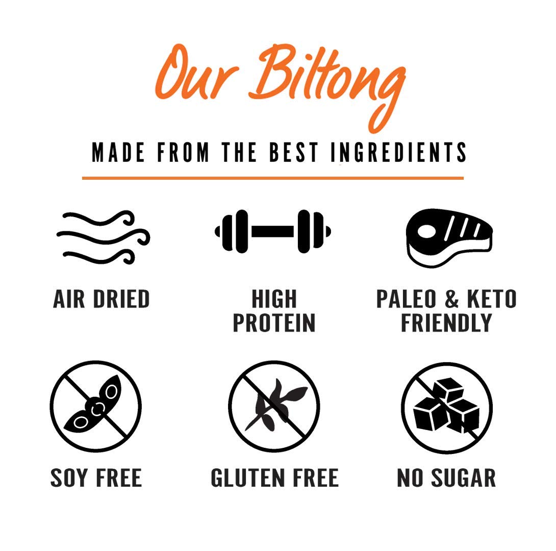 Kalahari Biltong porción en mano destacando tamaño portátil y proteína