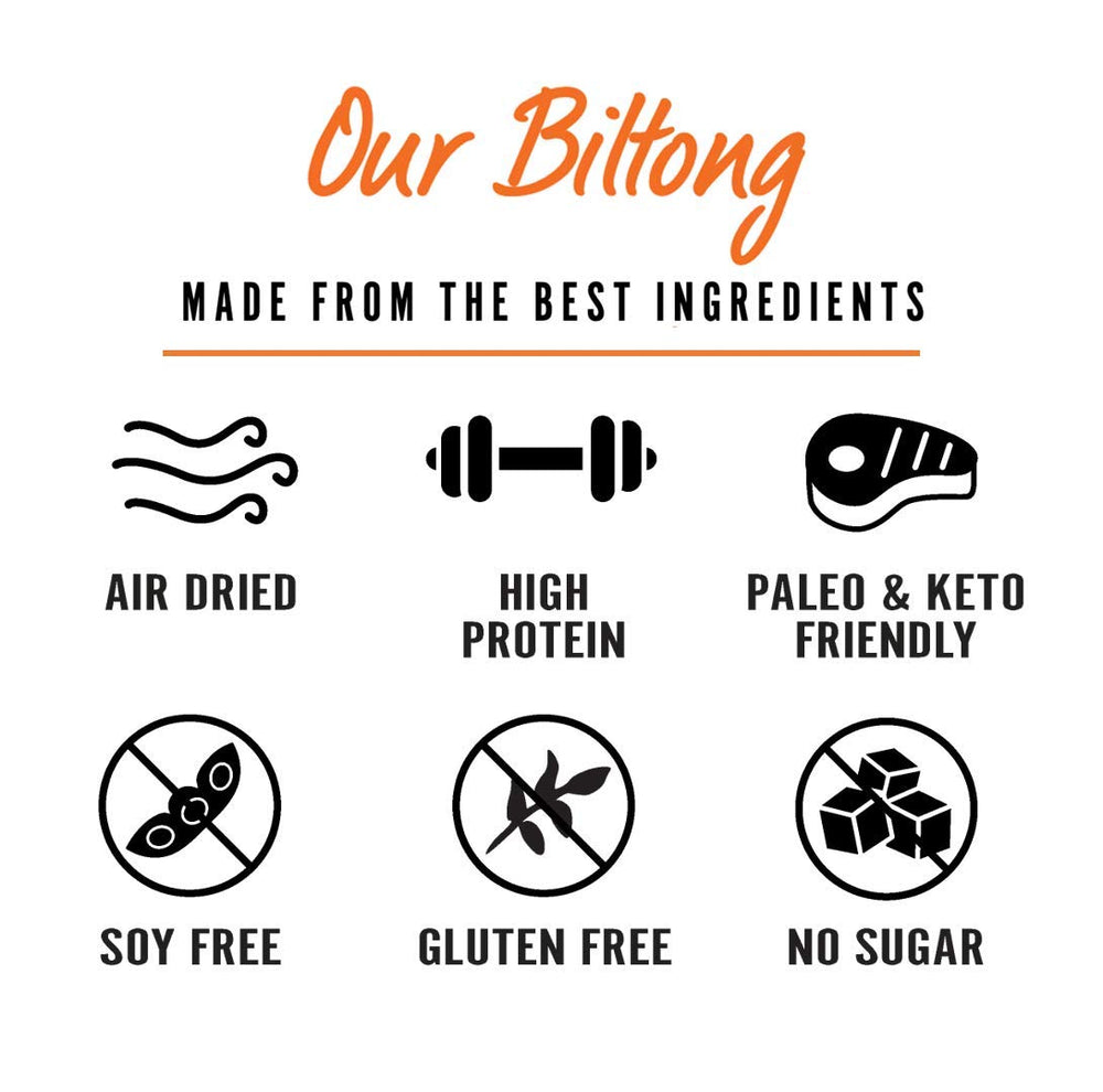 Kalahari Biltong porción en mano destacando tamaño portátil y proteína
