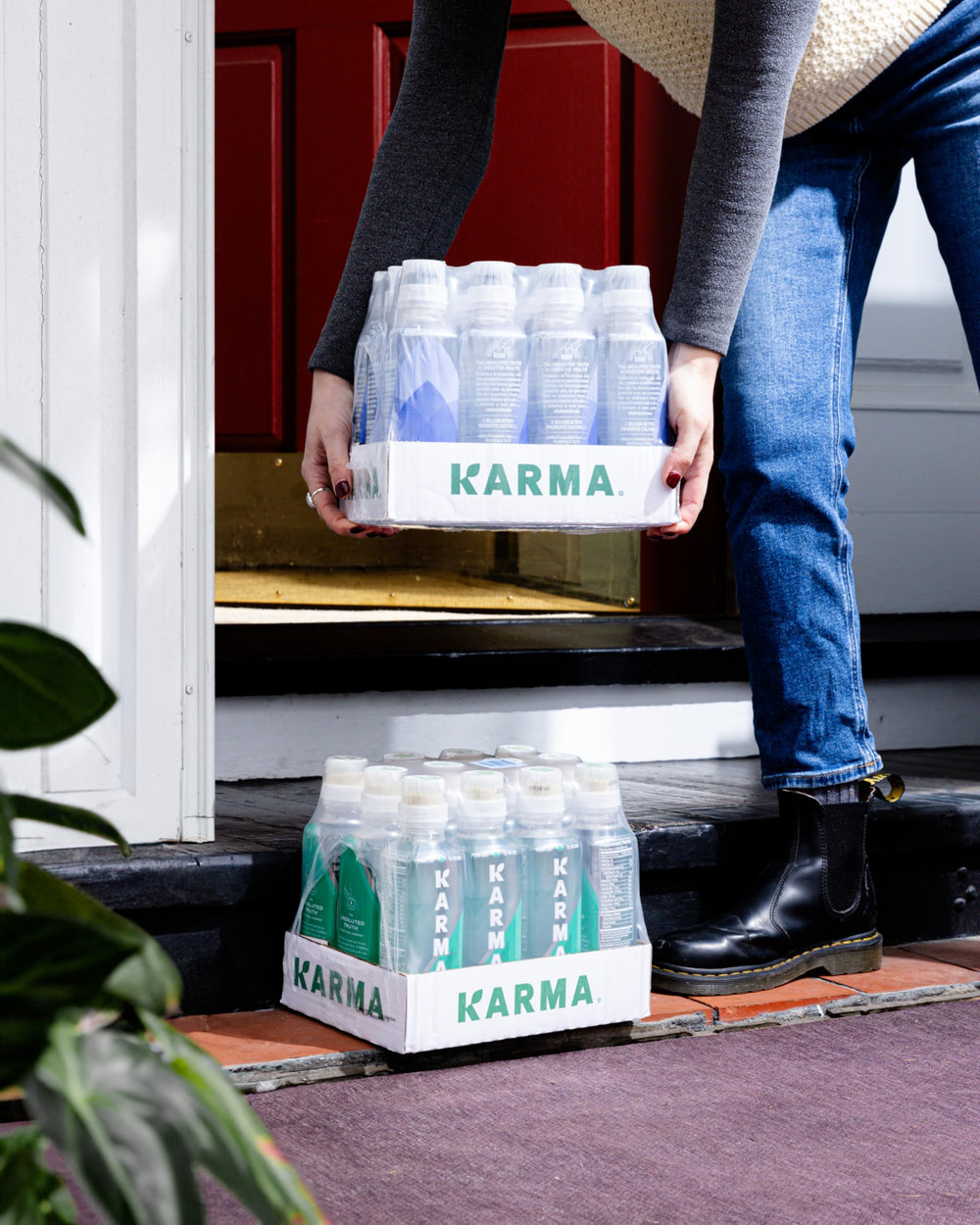 Karma botella junto a arándanos que ilustra sabor natural