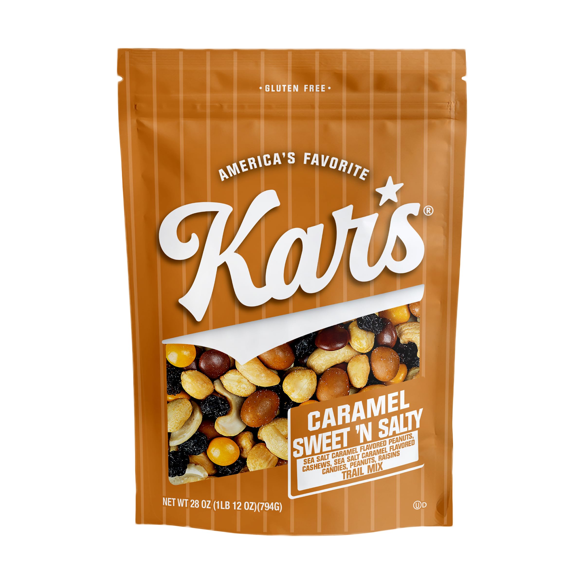 Kar’s bolsa frontal de 28 oz mostrando mezcla caramelizada y resellable para frescura