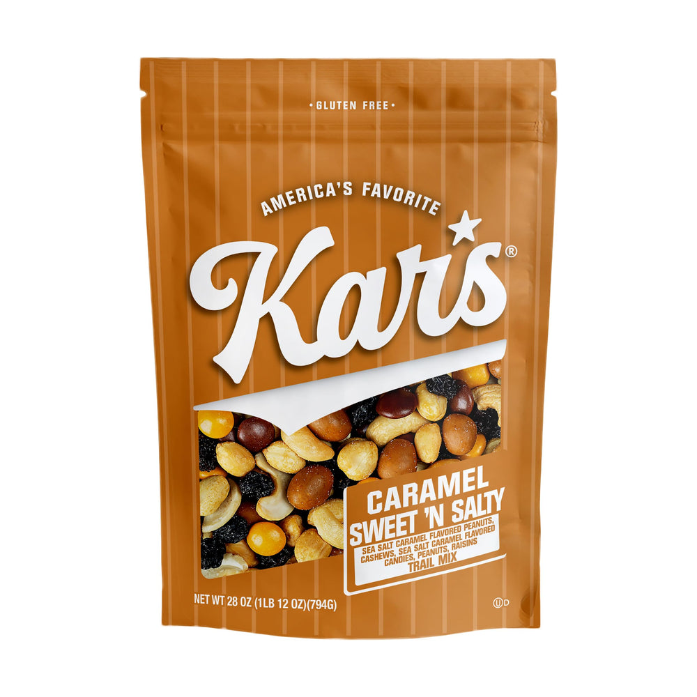 Kar’s bolsa frontal de 28 oz mostrando mezcla caramelizada y resellable para frescura