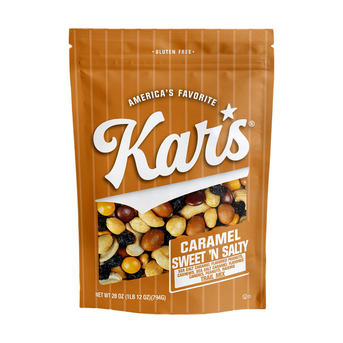 Kar’s bolsa frontal de 28 oz mostrando mezcla caramelizada y resellable para frescura
