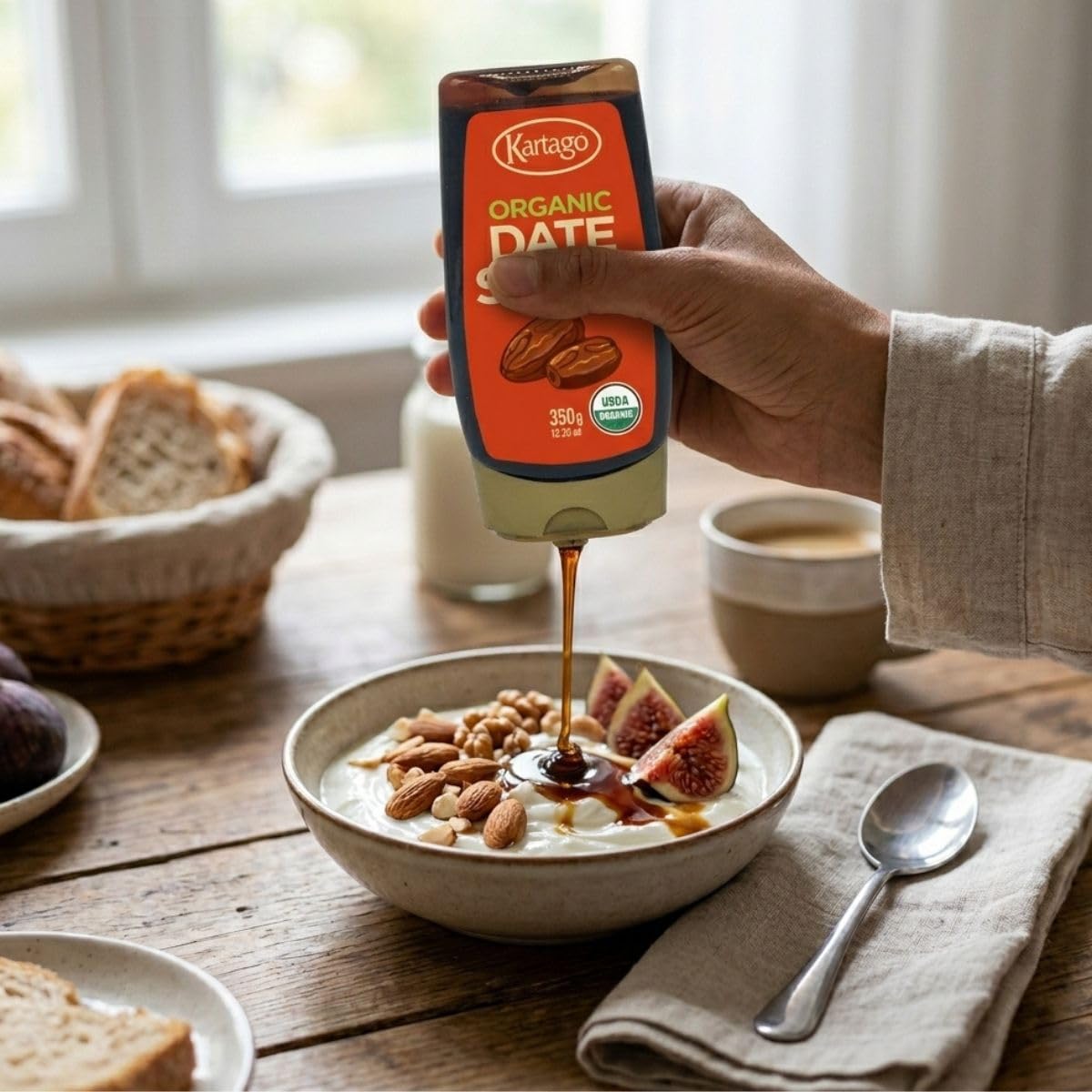 Kartago sirope de dátiles vertido sobre avena desayuno saludable y natural