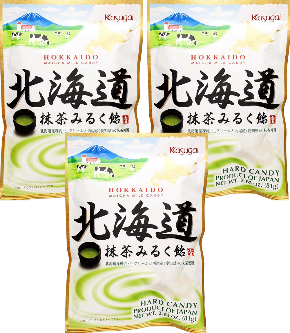 春日井製菓 Hokkaido Matcha Milk Ame frente del empaque, muestra apetecible y práctica