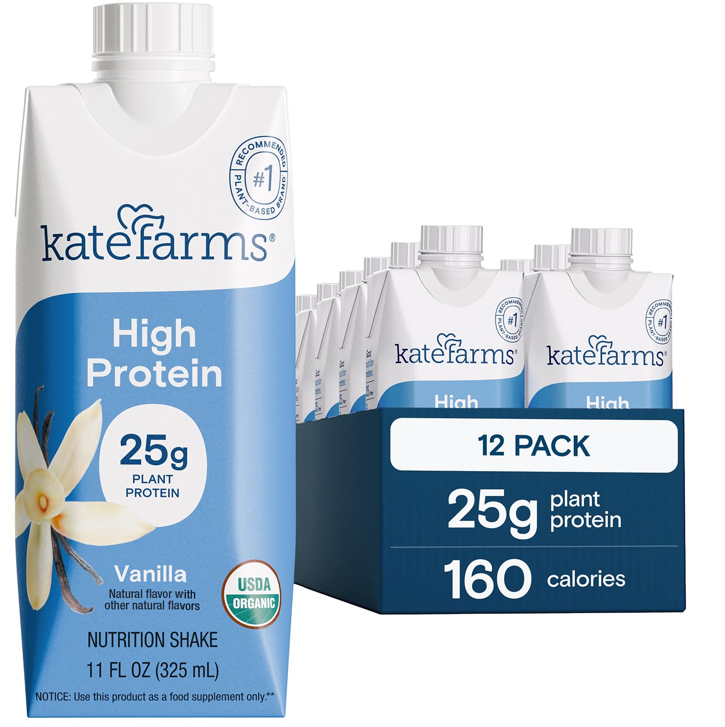 Kate Farms vista frontal del envase que muestra diseño y sabor vainilla, conveniencia inmediata