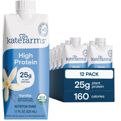 Kate Farms vista frontal del envase que muestra diseño y sabor vainilla, conveniencia inmediata