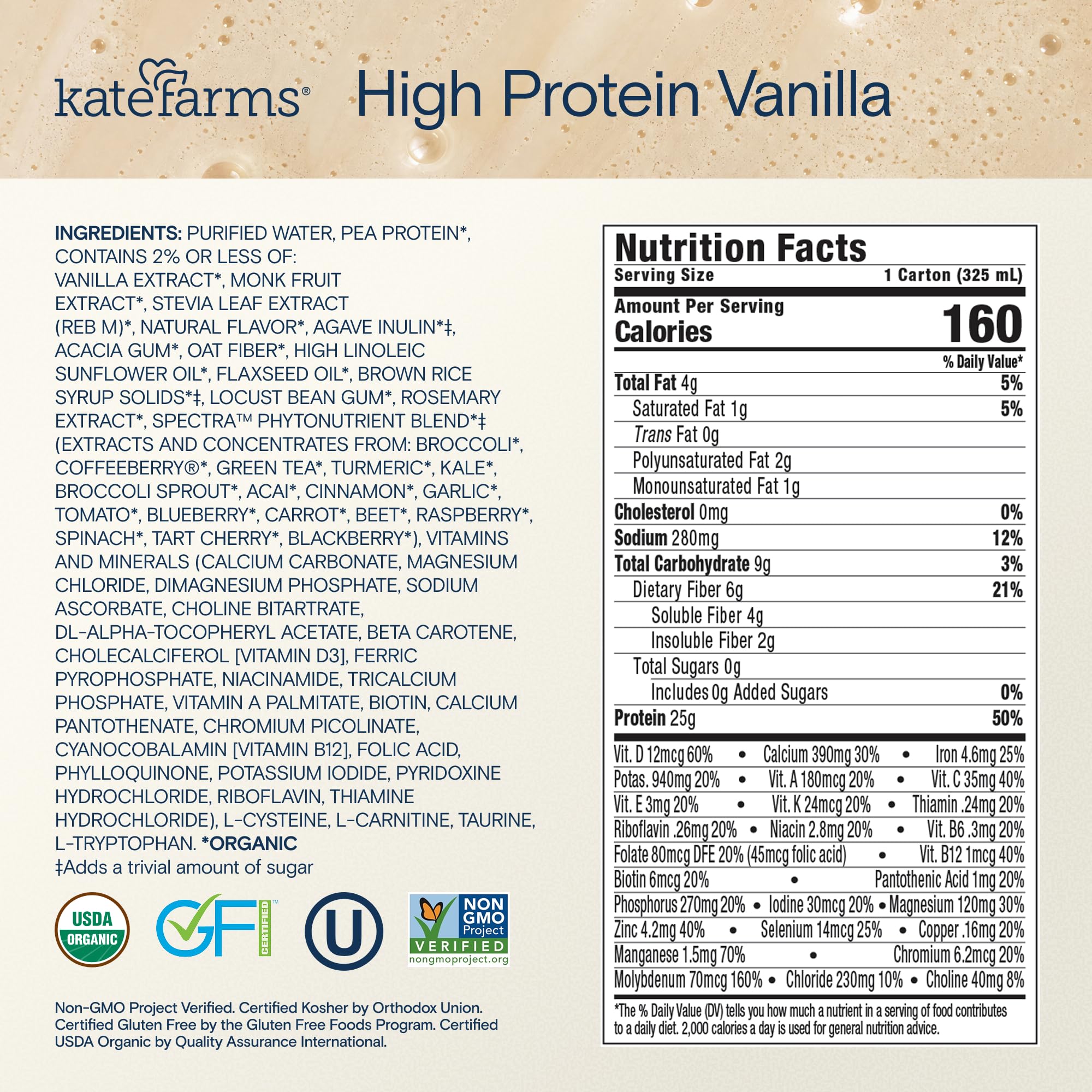 Kate Farms primeros planos de guisantes y cúrcuma, enfatiza proteína vegetal y fitoextractos
