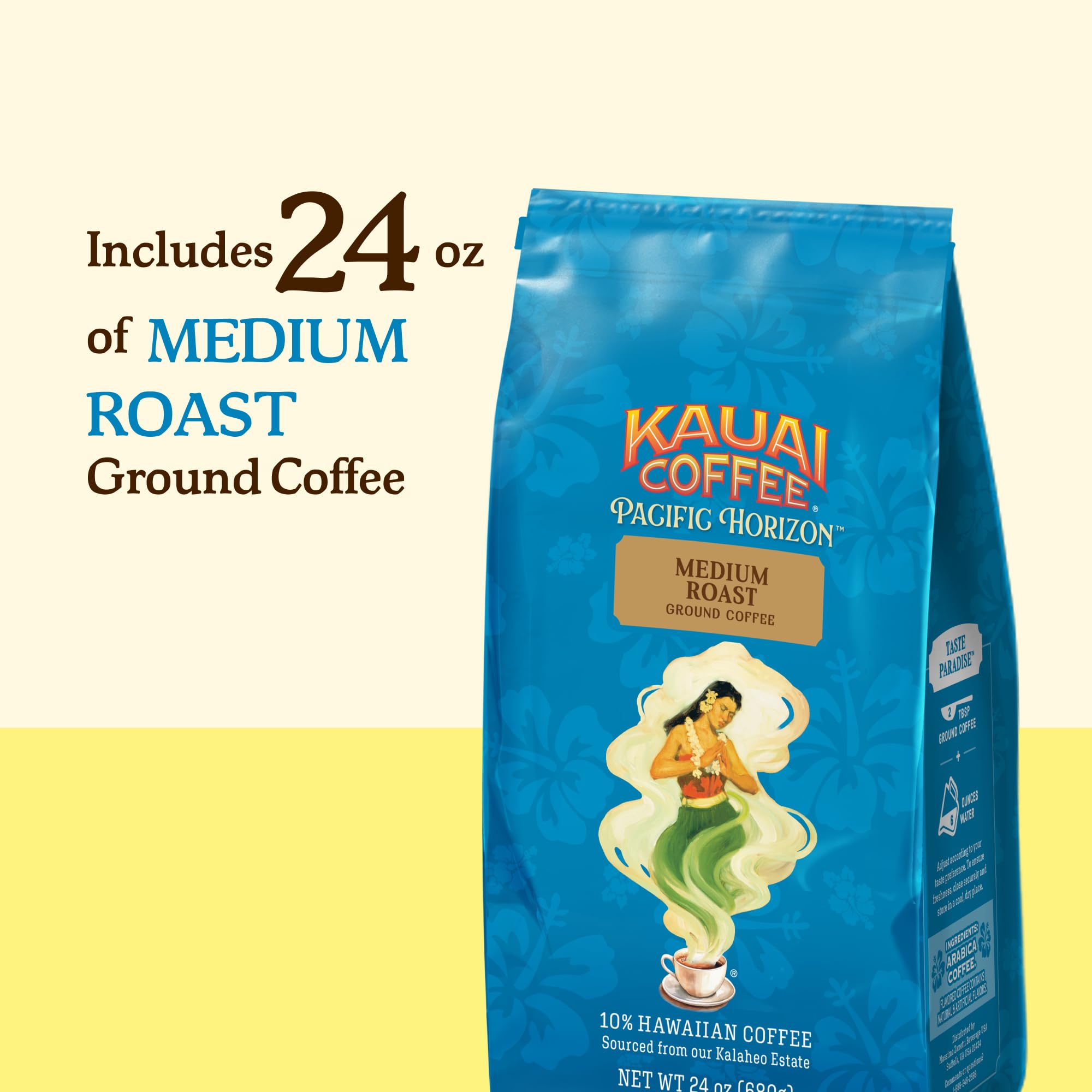 Kauai Coffee bolsa 24 oz junto a regla para comparar tamaño práctico