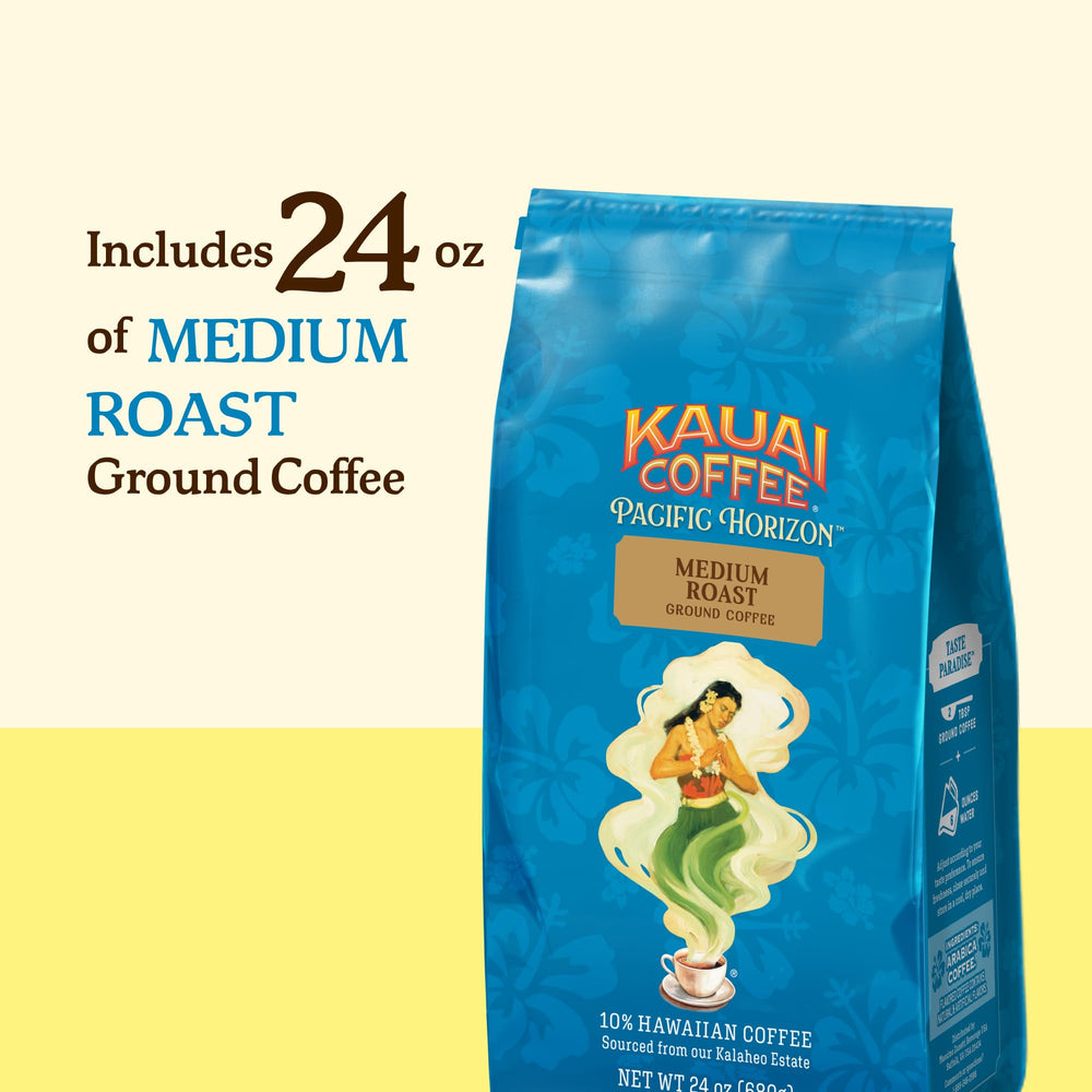 Kauai Coffee bolsa 24 oz junto a regla para comparar tamaño práctico