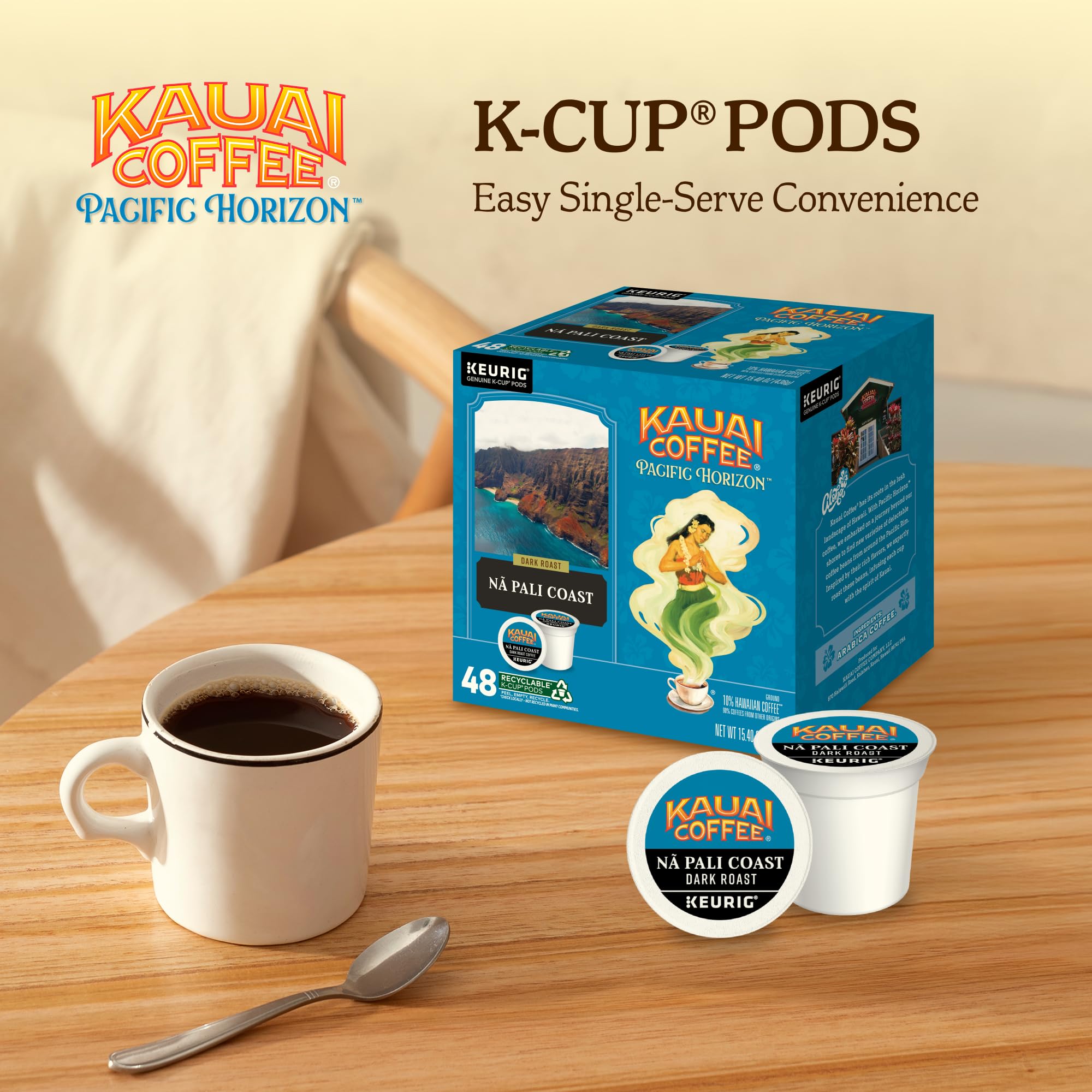 Kauai Coffee caja abierta con 48 cápsulas lista para uso rápido
