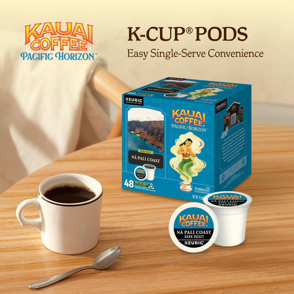 Kauai Coffee caja abierta con 48 cápsulas lista para uso rápido