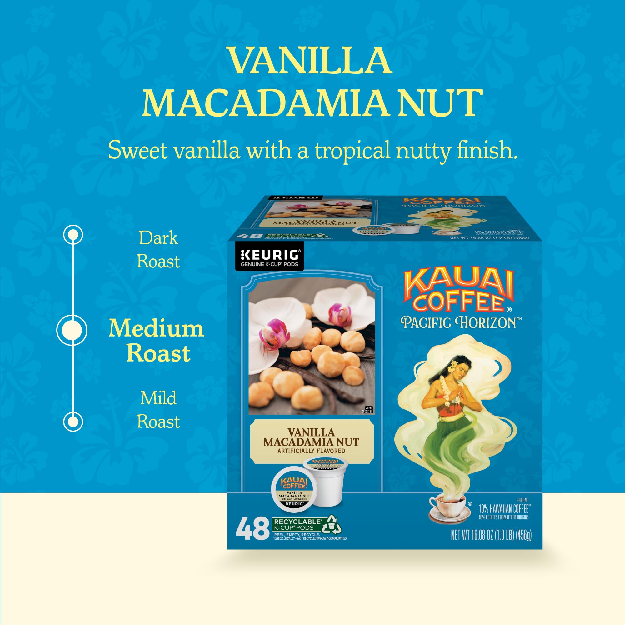 Kauai Coffee cápsula K-Cup en primer plano con etiqueta clara y beneficio facilidad de uso