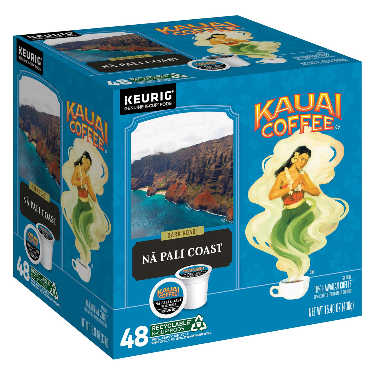 Kauai Coffee empaque Na Pali Coast mostrando diseño y cantidad
