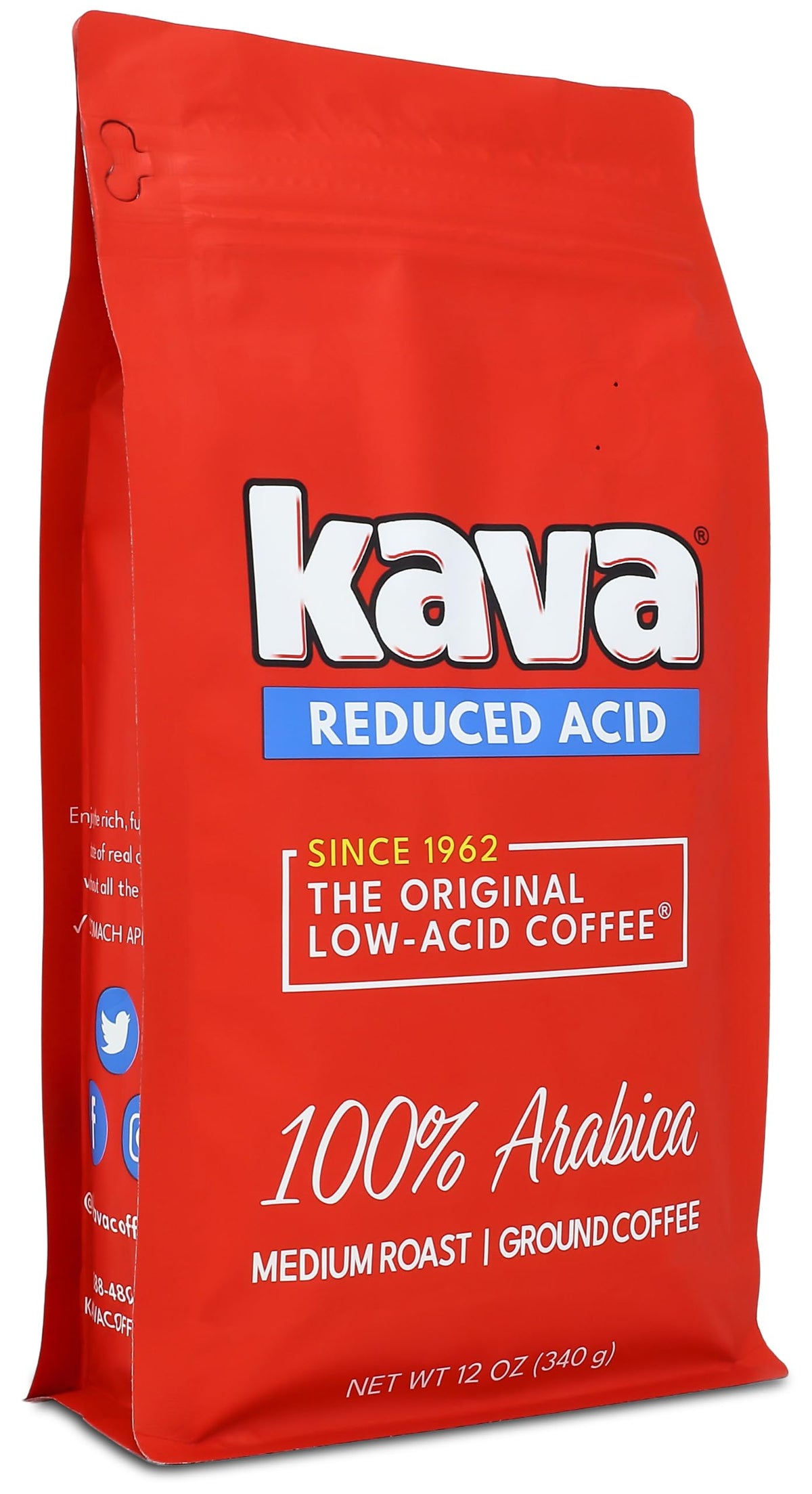 Kava bolsa frente mostrando tostado medio y beneficio de sabor suave