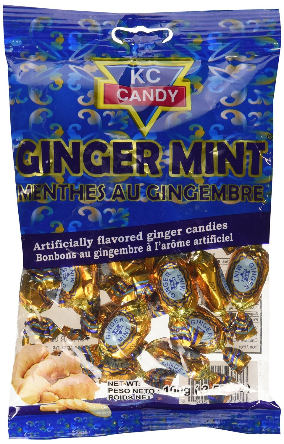 KC Candy lata frontal de KC Ginger Mints mostrando el diseño portátil y beneficios de transporte
