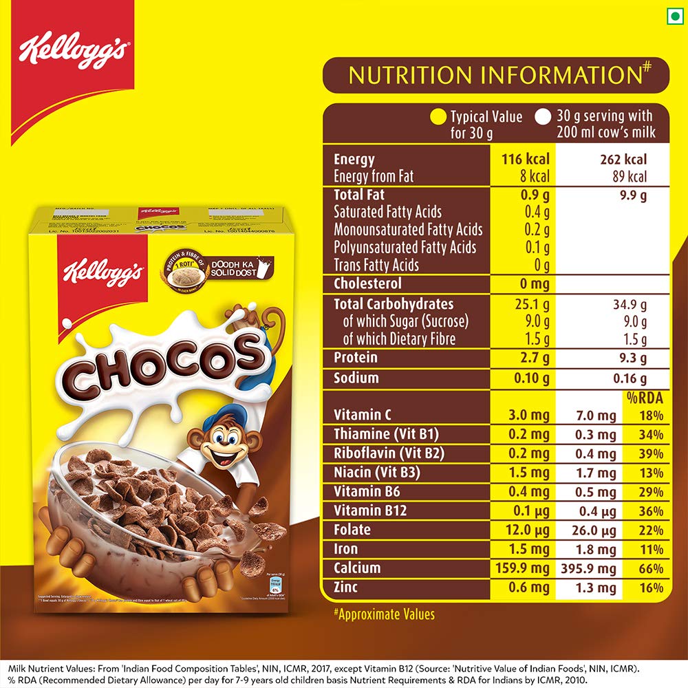 Kellogg's comparación de tamaño con 375 g para referencia clara