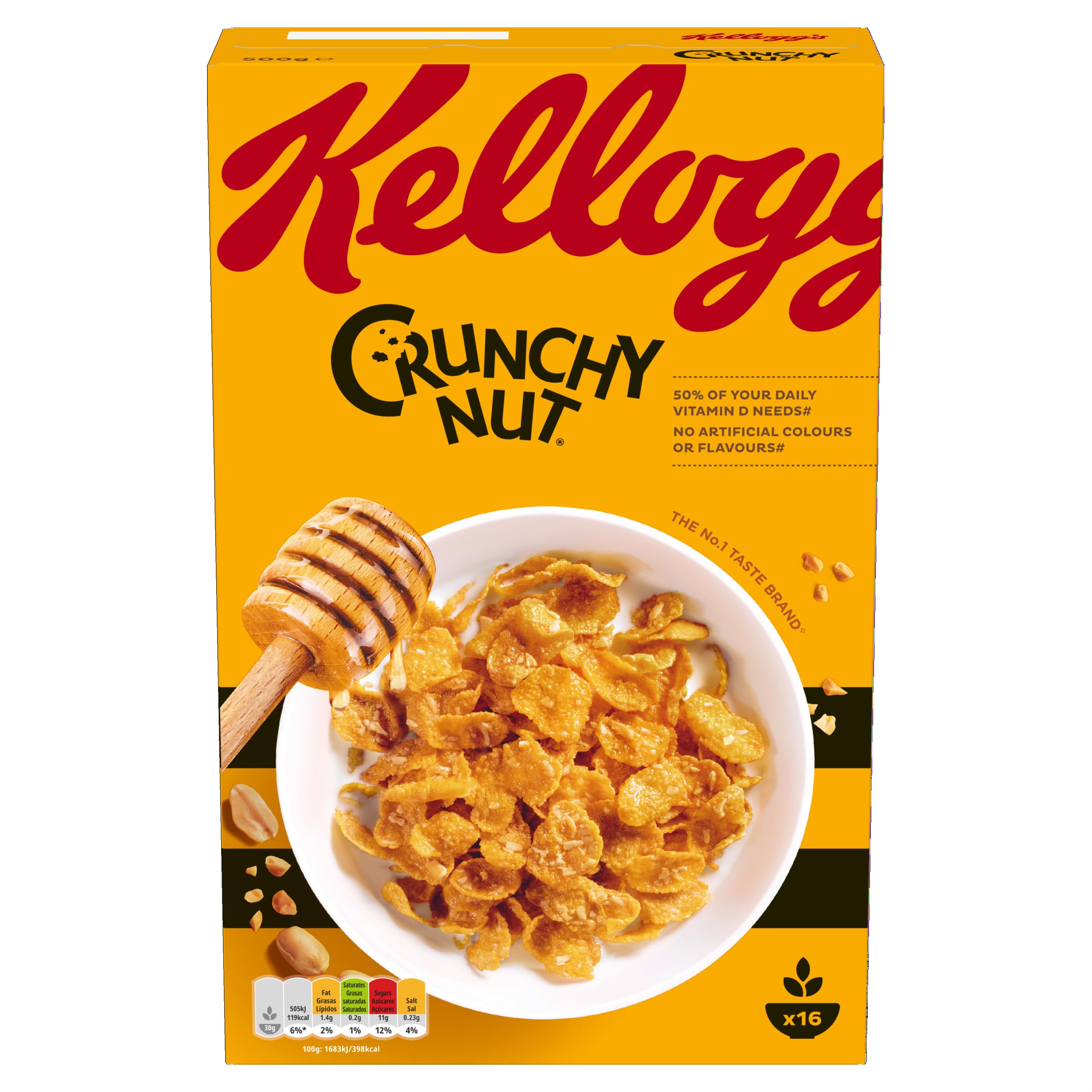 Kellogg's frente del envase mostrando la marca y textura crujiente para desayuno