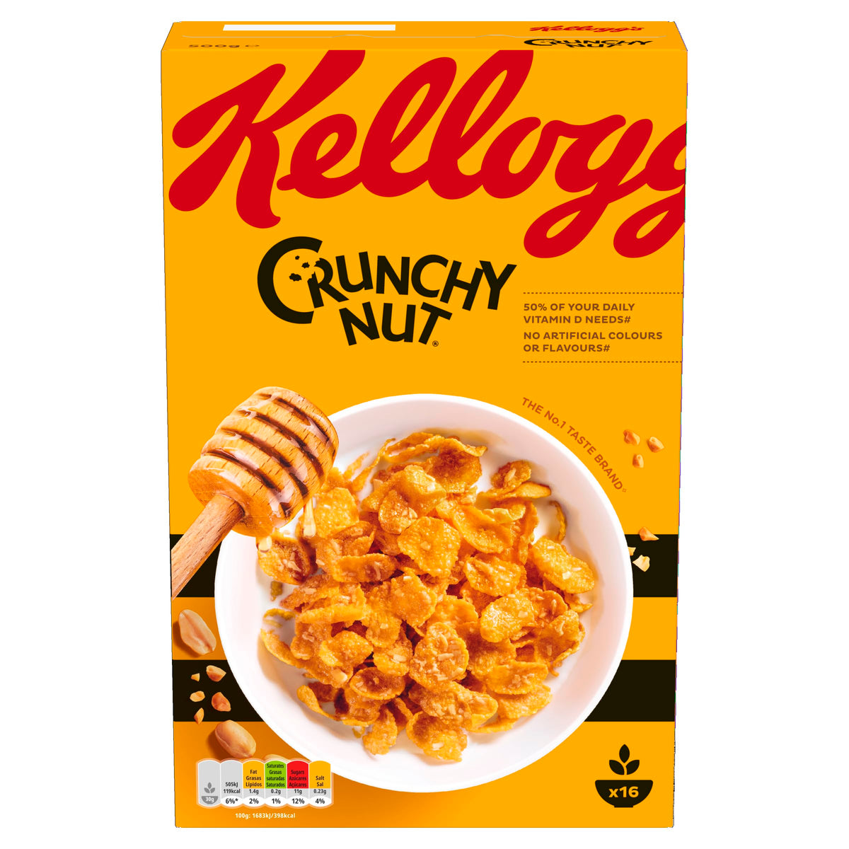 Kellogg's frente del envase mostrando la marca y textura crujiente para desayuno