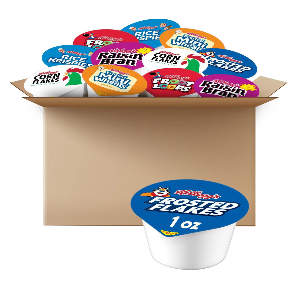 Kellogg's vaso frontal del paquete mostrando el sello y variedad, práctico para desayuno