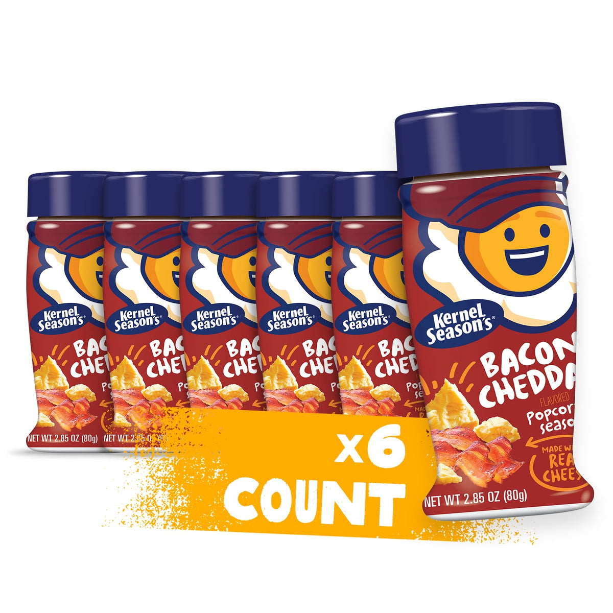 Kernel Season's bote frontal Bacon Cheddar con etiqueta visible y atractivo